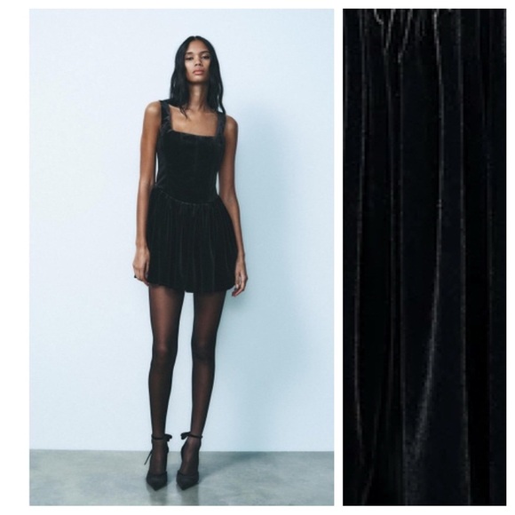 NWT. Zara Black Velvet Corset Short Dress with Square Neckline. Size XS. - Picture 1 of 10